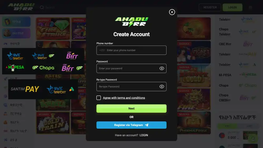 Registration and deposit methods at AhaduBirr Casino