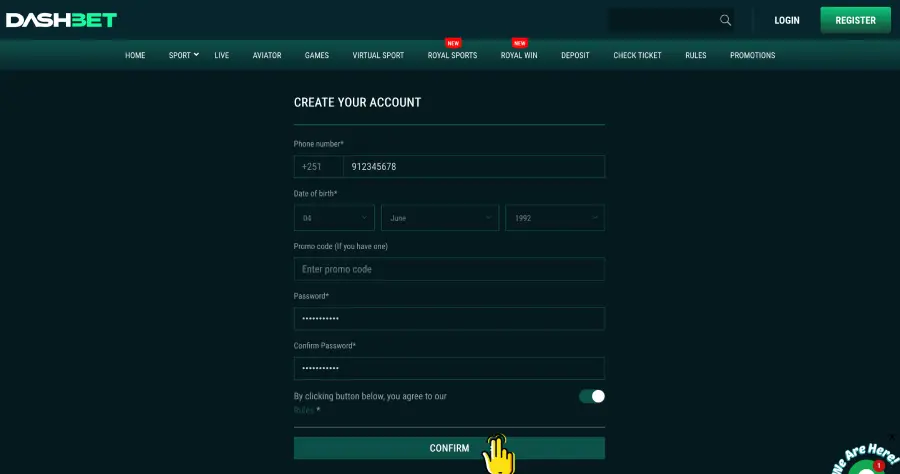 Registration on the official website of DASH BET